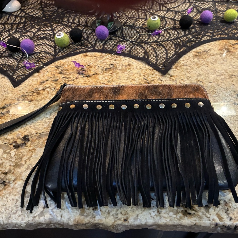 Patricia Nash Black and Brown Fringe Wristlet